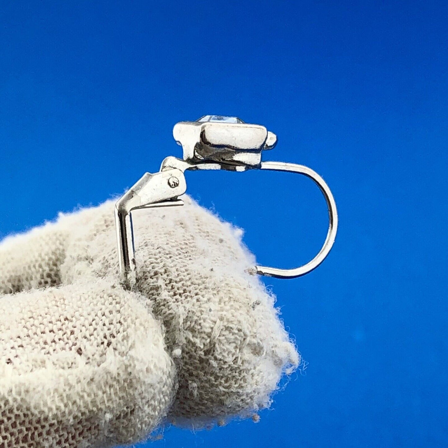 Lovely Silver Toned Princess Cut Light Blue Crystal Leverback Earrings