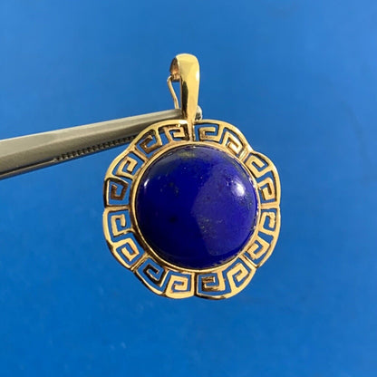 Designer 14K Yellow Gold Round Lapis-Lazuli Cabochon Statement Enhancer Pendant