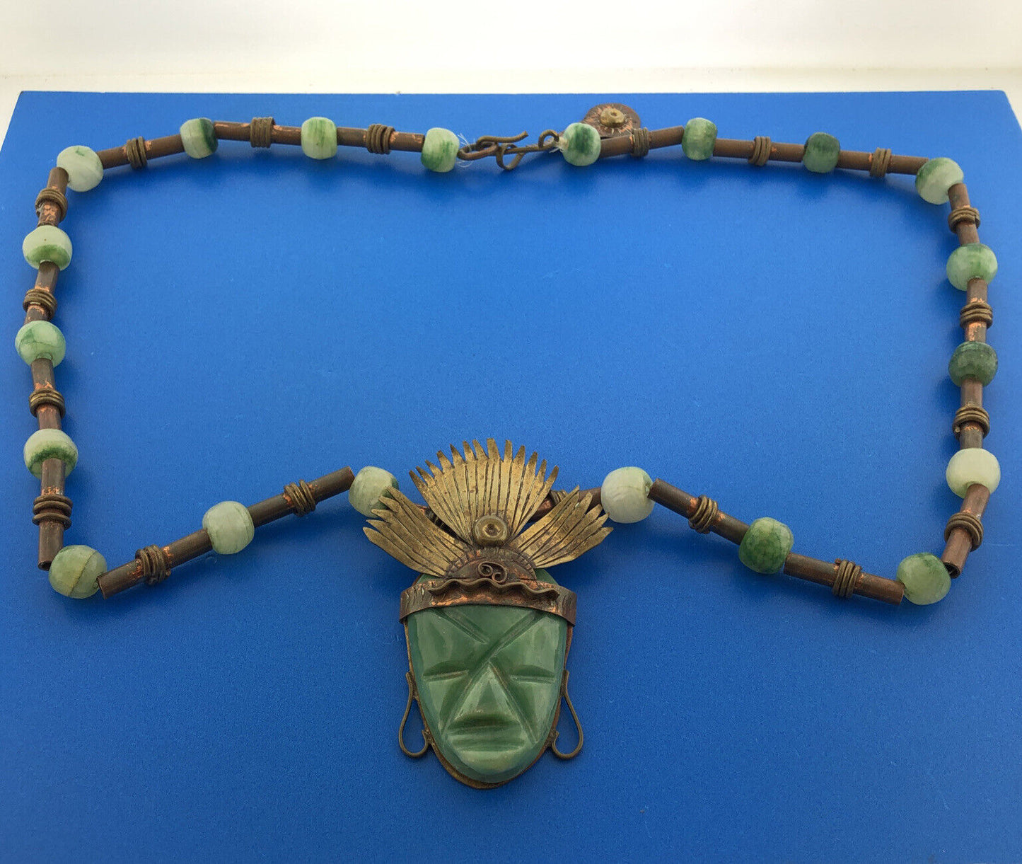 Casa Maya Mexico Brass Copper Jade South American Aztec Head 26" Tribal Necklace