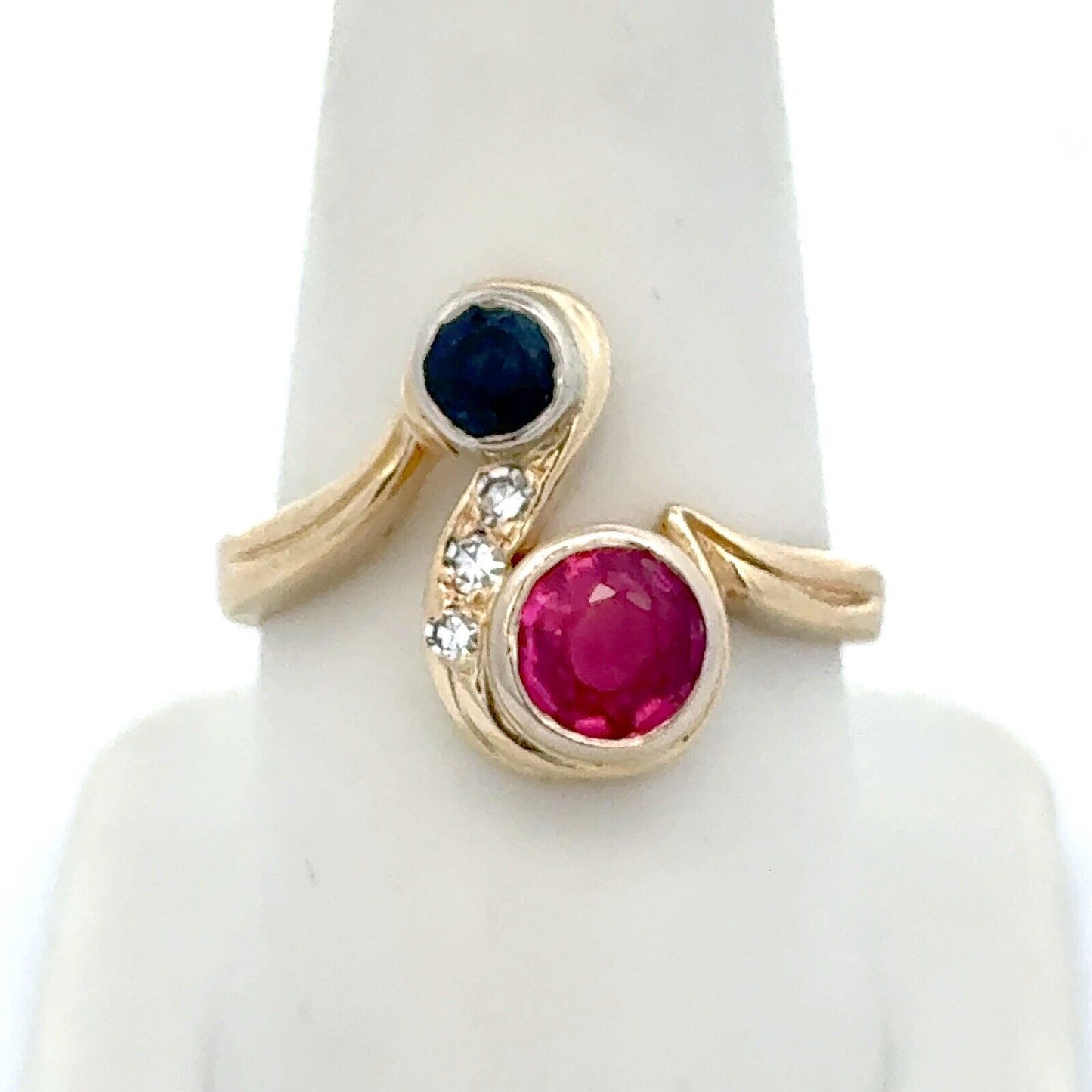 Vintage Custom 14K Yellow Gold Round Blue Sapphire Ruby Diamond Bypass Ring