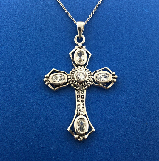 Designer Sterling Silver 925 Cubic Zirconia Religious Cross Statement Necklace