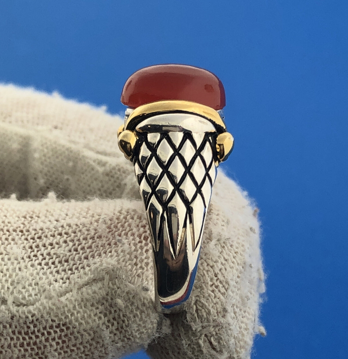 NF Sterling Silver 925 Gold Vermeil Red Carnelian Snakeskin Design Cocktail Ring