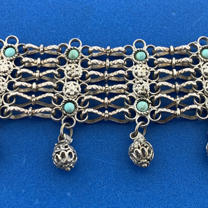 Vintage Silver Tone Floral Lattice Turquoise 7 Strand Statement Collar Necklace