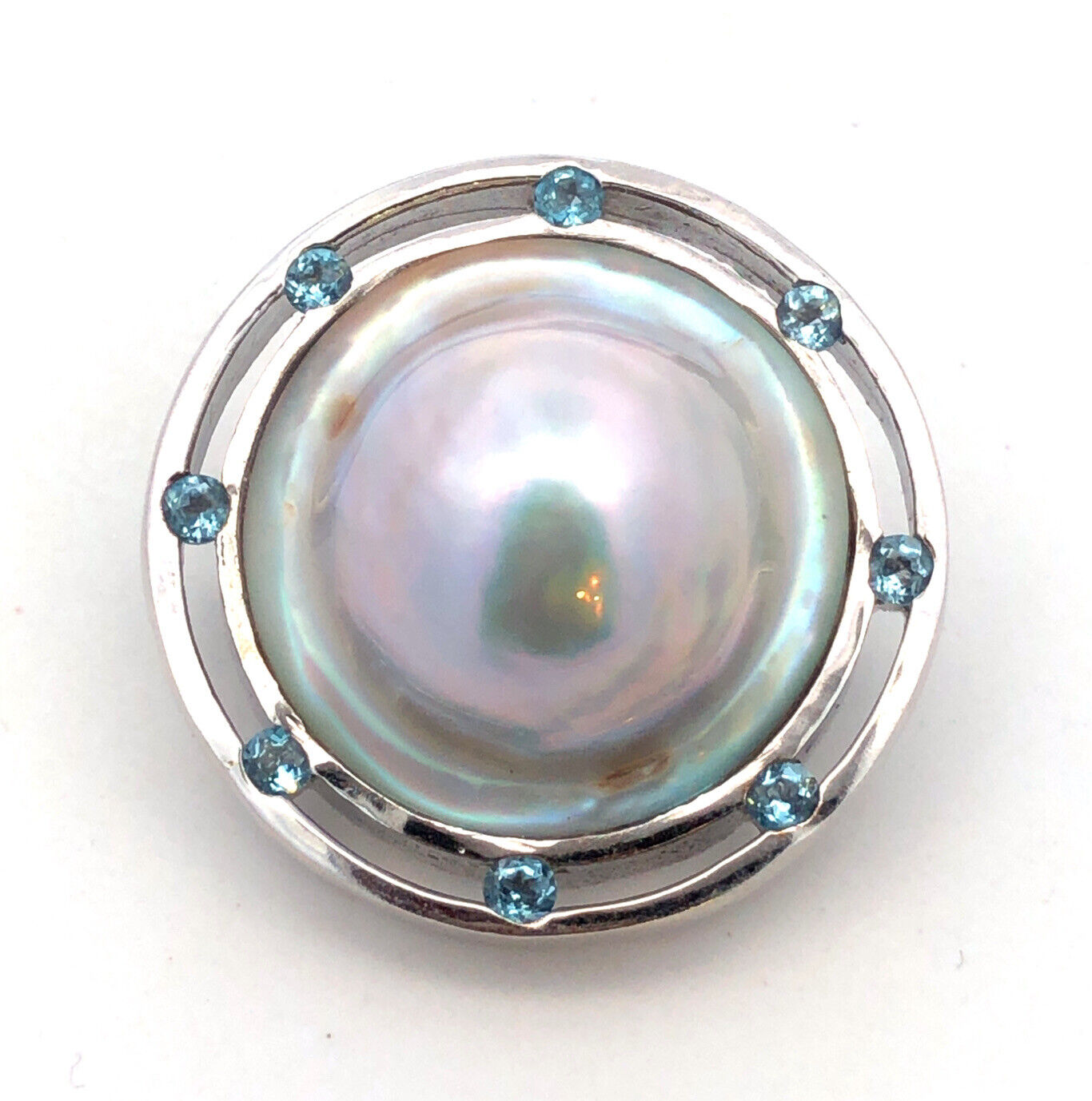Designer 925 Sterling Silver Mabe Pearl Round Blue Topaz Statement Pendant