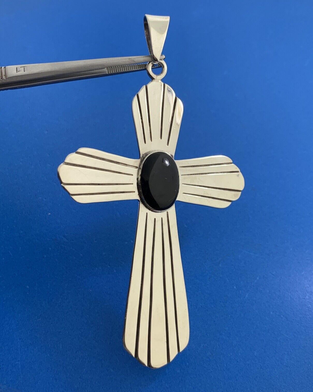 Taxco Mexico 925 Sterling Silver Black Onyx Large Ethnic Statement Cross Pendant