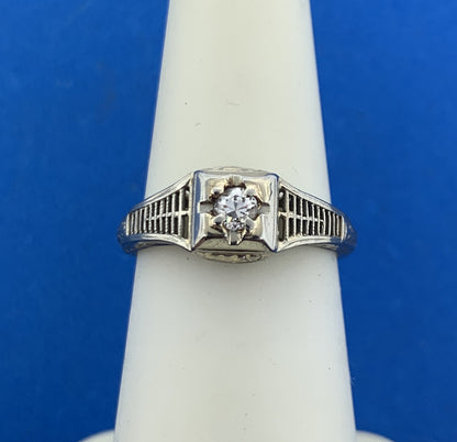 Estate 18K White Yellow Gold Diamond Solitaire Art Deco Engagement Size 6 Ring