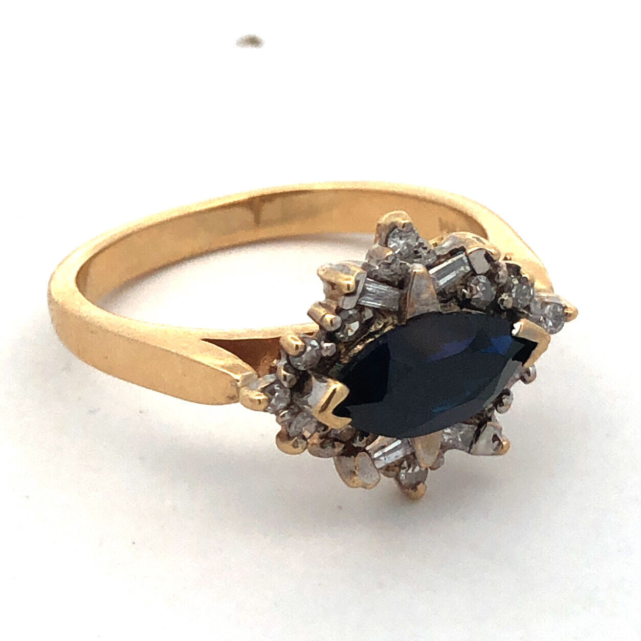 14k Yellow Gold Designer Marquise Cut Blue Sapphire Diamond Accented Ring