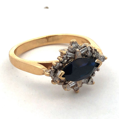 14k Yellow Gold Designer Marquise Cut Blue Sapphire Diamond Accented Ring