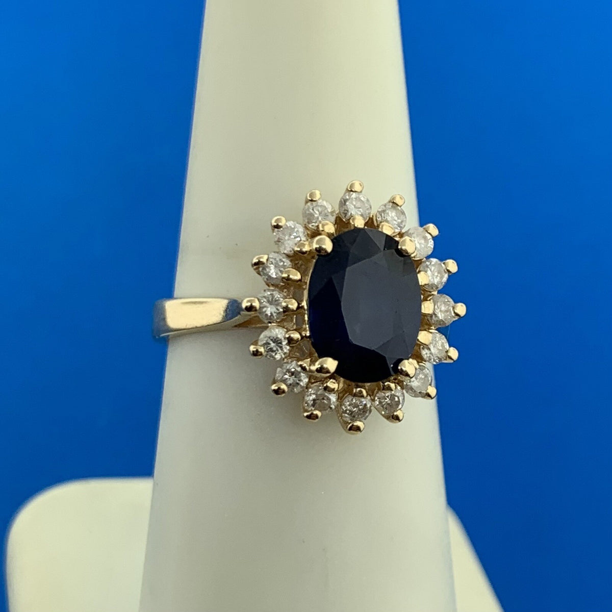 Designer 14K Yellow Gold Sapphire Diamond Halo September Anniversary Ring