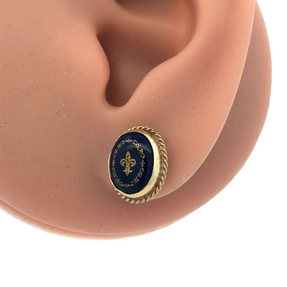 Vintage 14K Yellow Gold Blue Cobalt Gold Etched Fleur De Lis Oval Stud Earrings