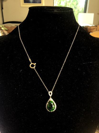 Designer Stauer 10K Yellow Gold Green Pear CZ Halo Statement Pendant Necklace