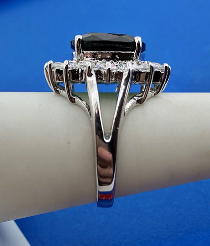 Retro Sterling Silver 925 Green White CZ Statement Fashion Cocktail Ring