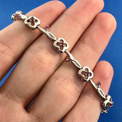 Designer 925 Sterling Silver Ruby Floral Vine July Anniversary Tennis Bracelet