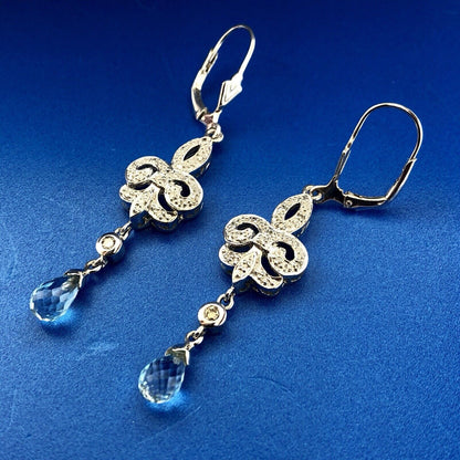 Designer EA Sterling Silver 925 Diamond Blue Topaz Fleur De Lis Drop Earrings