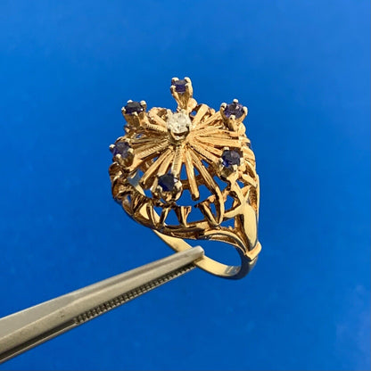 Designer 10K Yellow Gold Sapphire Diamond Starburst Crown Cocktail Ring