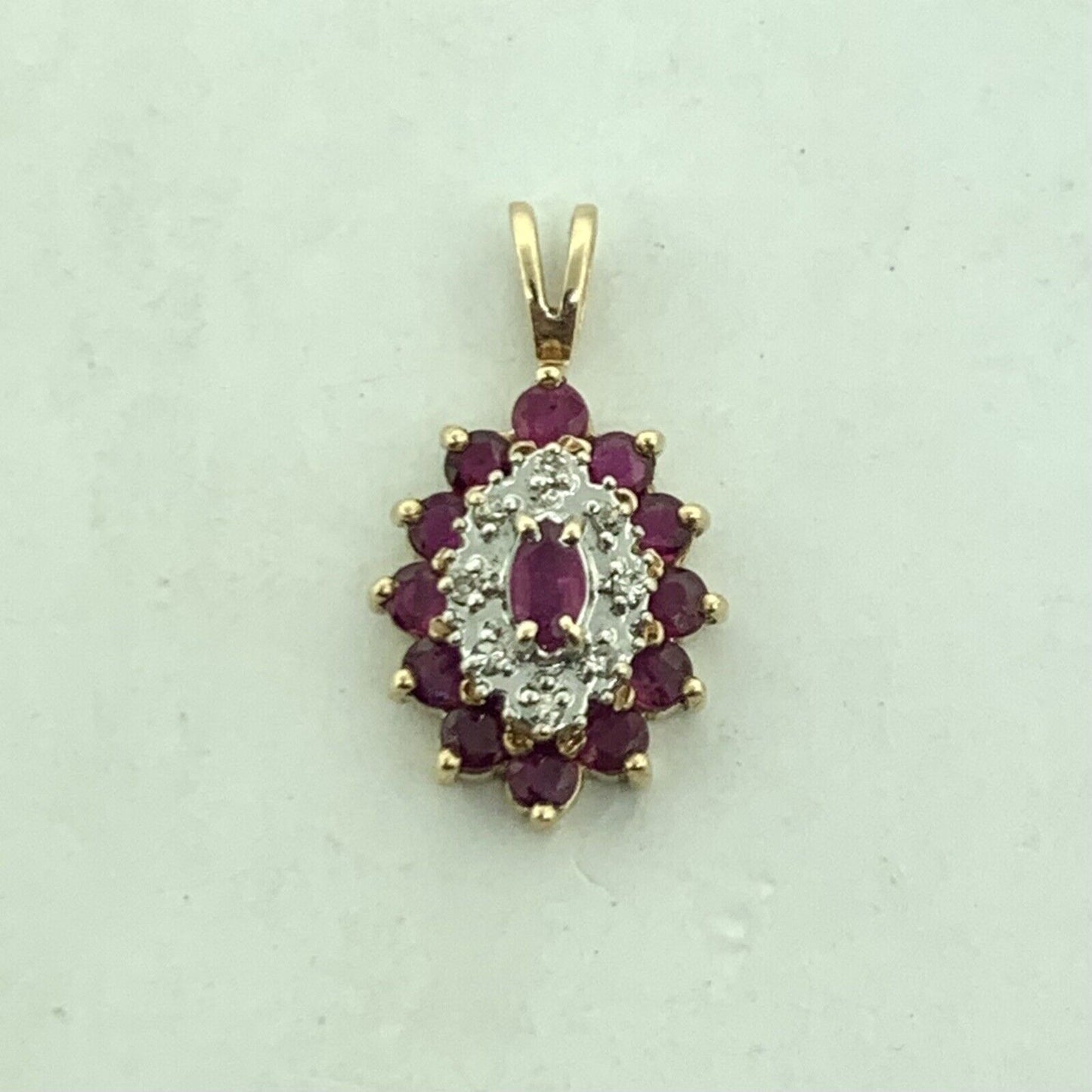 Vintage 10K Yellow Gold Ruby Diamond Drop Pendant
