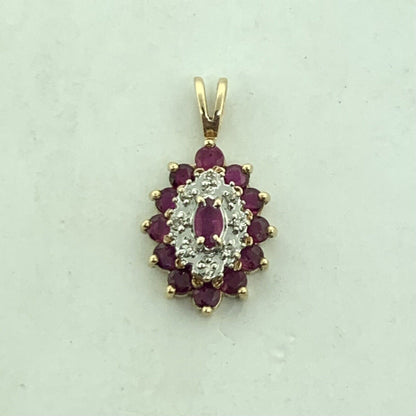 Vintage 10K Yellow Gold Ruby Diamond Drop Pendant