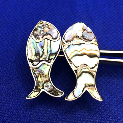 Taxco Mexico 925 Sterling Silver Abalone Inlay Fish Statement Stud Earrings