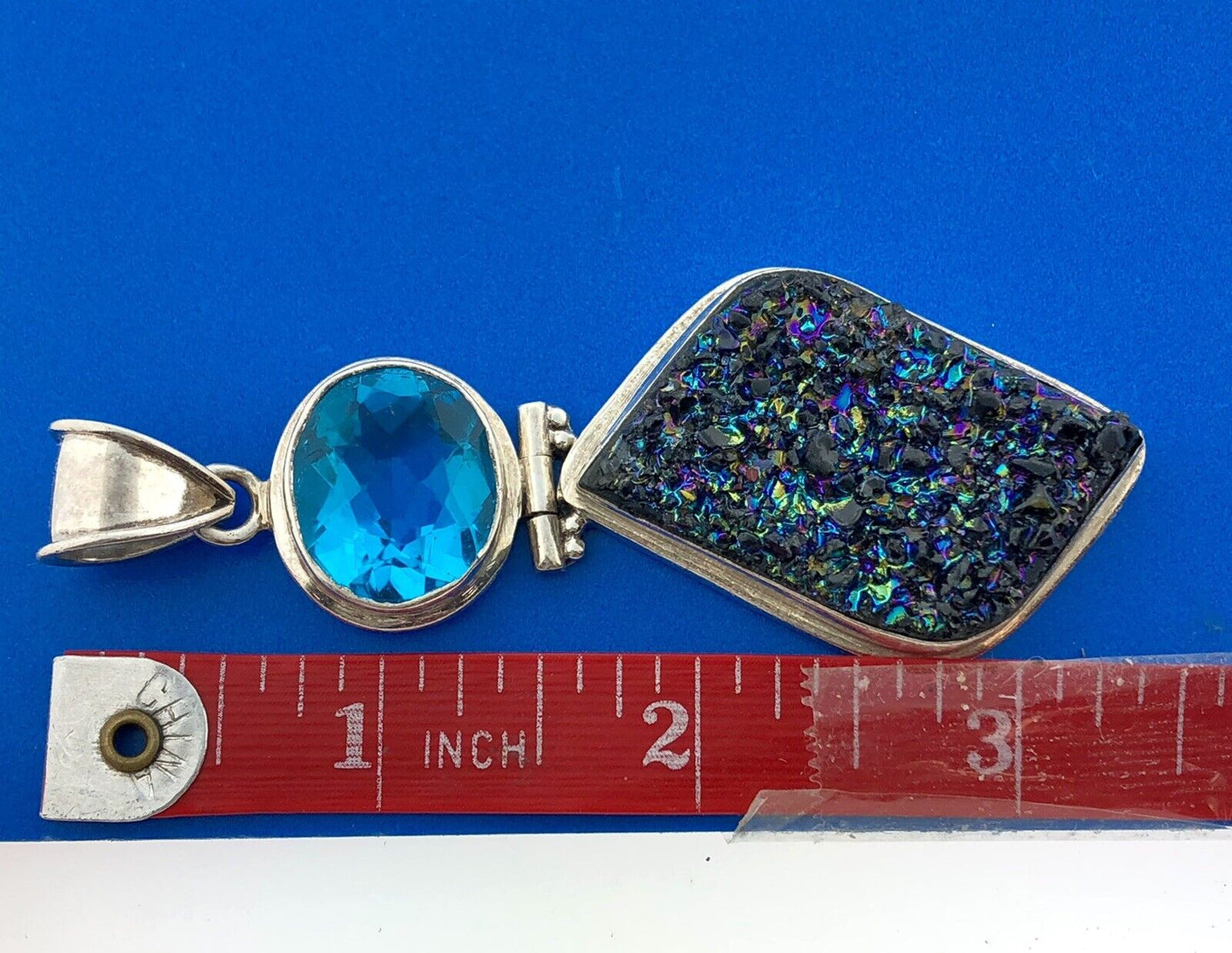Estate Sterling Silver 925 Ocean Blue CZ Rainbow Druzy Geode Statement Pendant