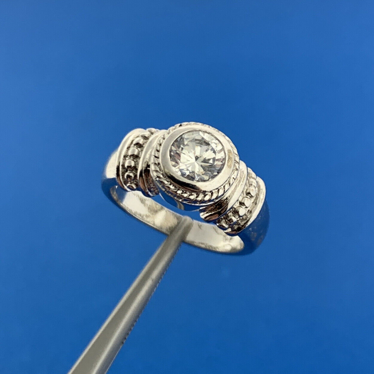 Sterling Silver 925 Solitaire Cubic Zirconia CZ Cable Beaded Cocktail Ring