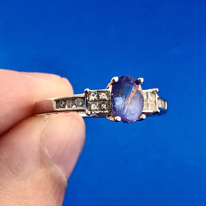Retro 14K White Gold Tanzanite Diamond Engagement Anniversary Cocktail Ring