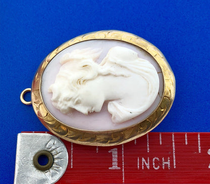 Victorian 10K Yellow Gold Pink Cameo Left Etched Frame Statement Brooch Pendant