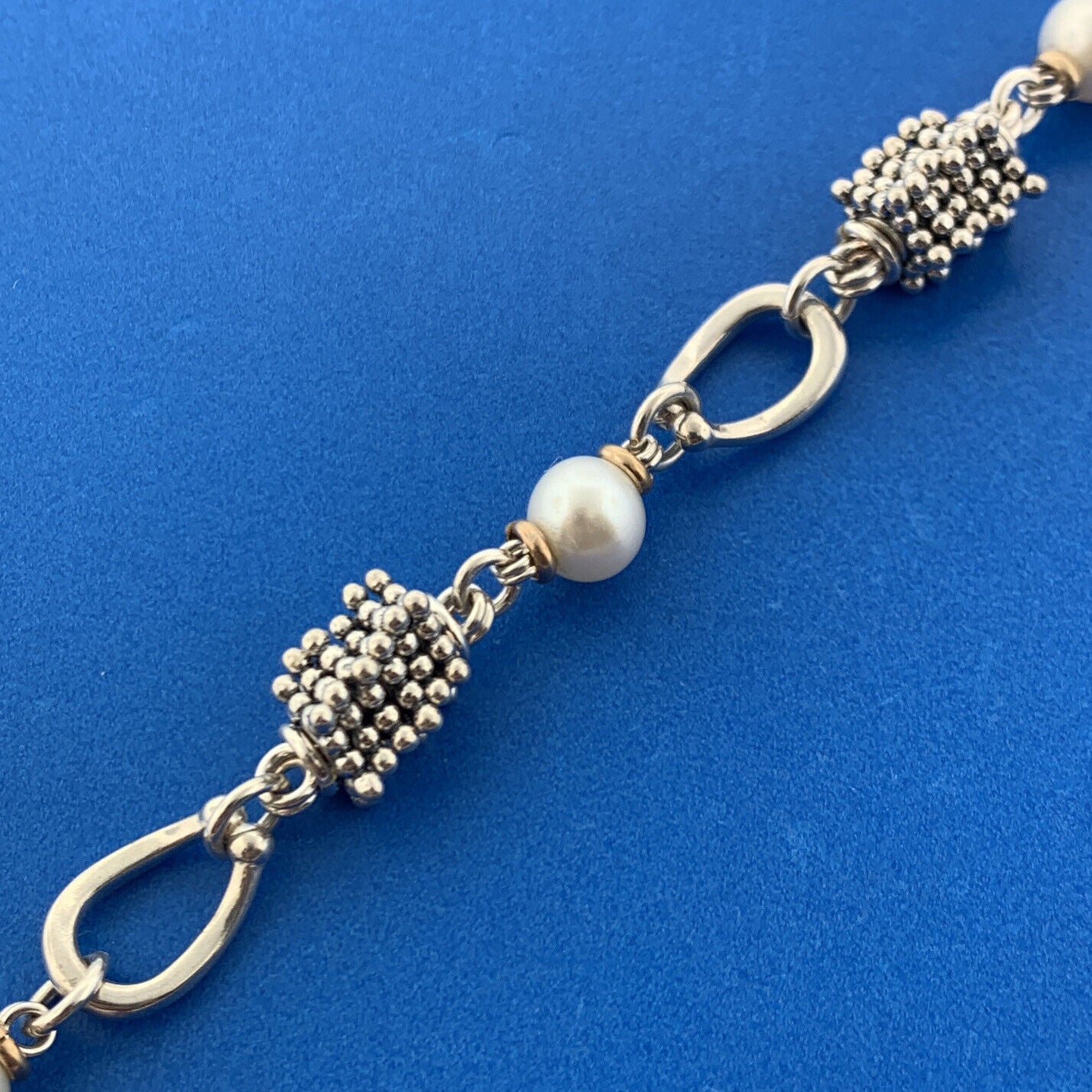 Michael Dawkins Sterling Silver 14K Yellow Gold Pearl Station Toggle Bracelet