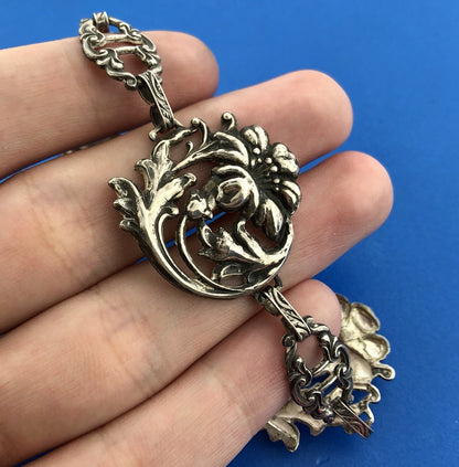 Vintage Art Deco Sterling Silver 925 7.5" Womens Floral Link Bracelet