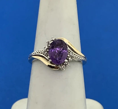 Designer 925 Sterling Silver 10K Gold Two Tone Amethyst Diamond Ring