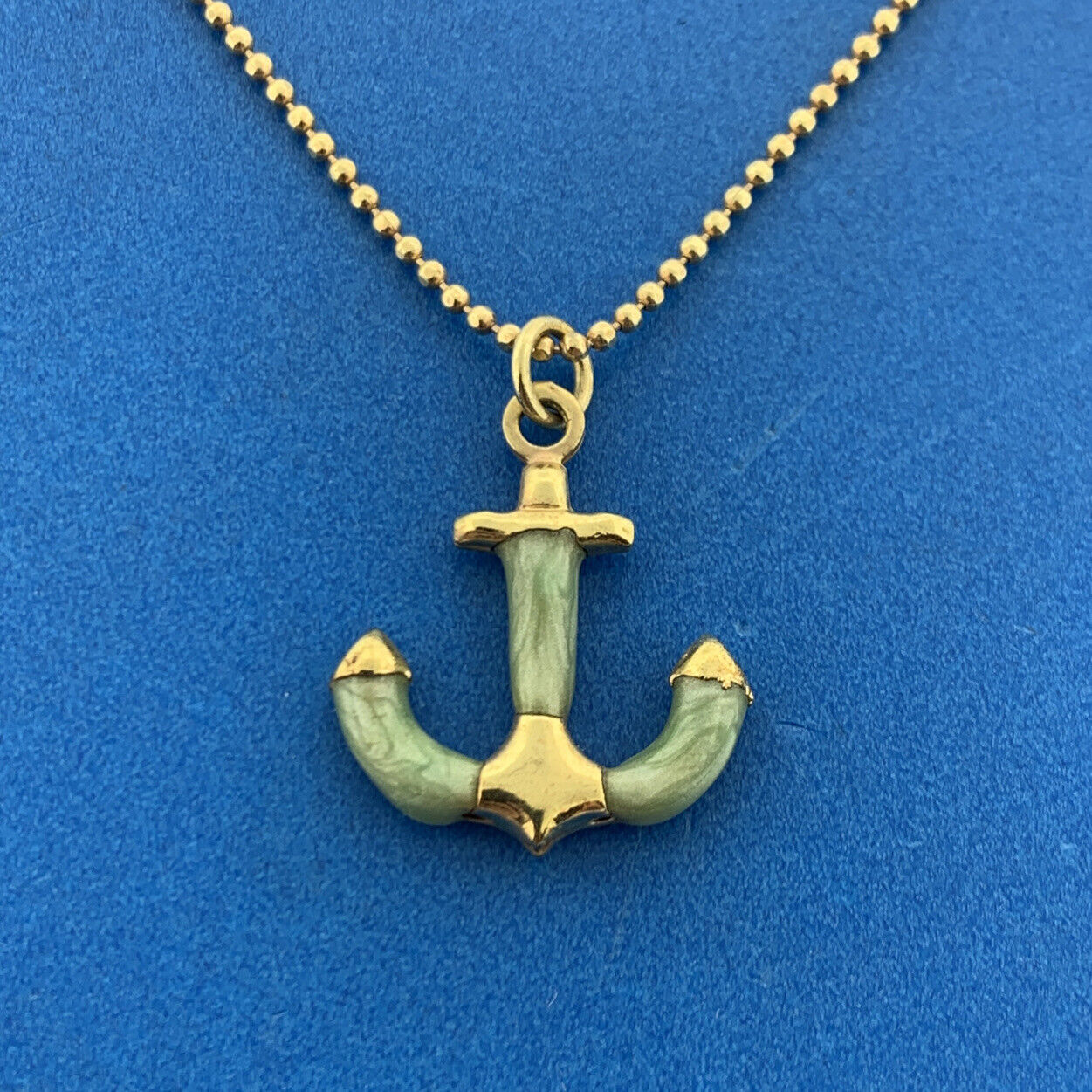 Designer Sheila Fajl Gold Tone Mint Green Anchors Away Beaded Chain Necklace