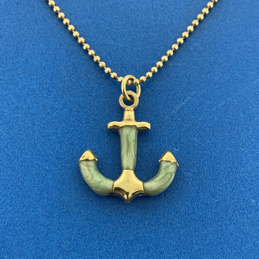 Designer Sheila Fajl Gold Tone Mint Green Anchors Away Beaded Chain Necklace