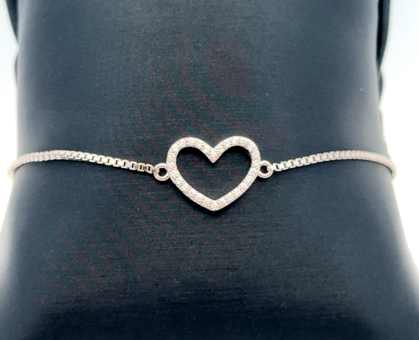 Designer 925 Sterling Silver Open Heart Cubic Zirconia Box Chain Bolo Bracelet