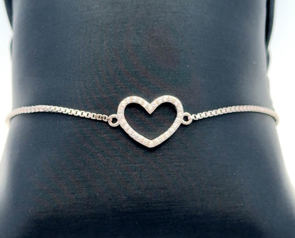 Designer 925 Sterling Silver Open Heart Cubic Zirconia Box Chain Bolo Bracelet