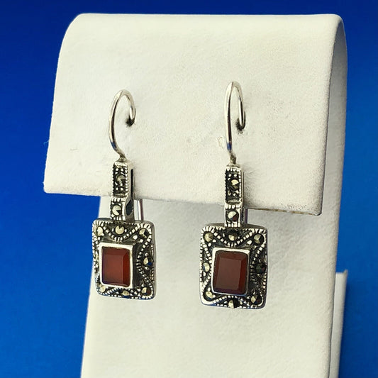 Vintage Designer 925 Sterling Silver Carnelian Marcasite French Hook Earrings