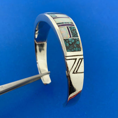 C Willie/D Rosales Sterling Silver Opal Spiderweb Turquoise Amethyst Inlay Cuff