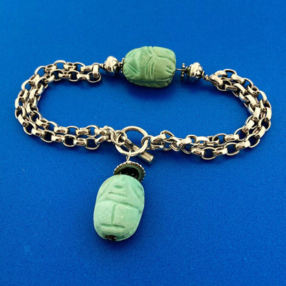 Vintage 925 Sterling Silver Carved Stone Scarab Beetle Oval Link Toggle Bracelet
