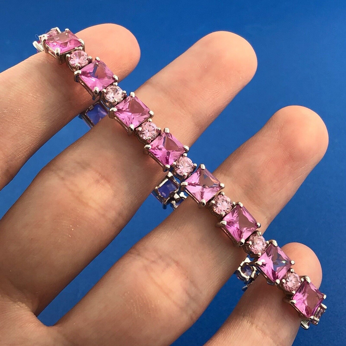 Sparkling FAS 925 Sterling Silver Pink Sapphire Round Pink CZ Tennis Bracelet