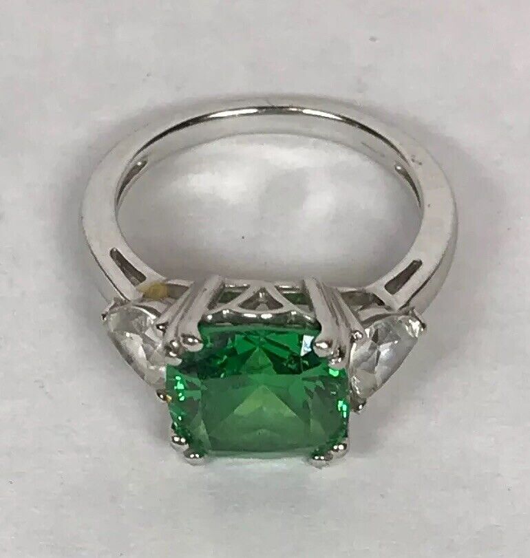Stunning Designer Sterling Silver Green White Cubic Zirconia CZ Cocktail Ring