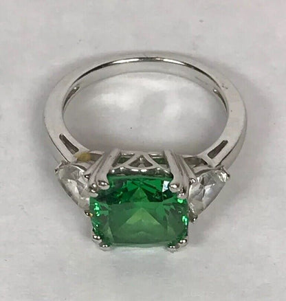 Stunning Designer Sterling Silver Green White Cubic Zirconia CZ Cocktail Ring