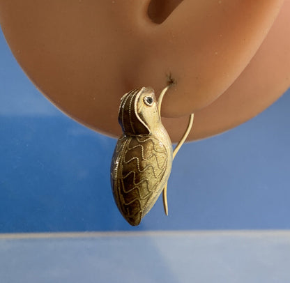 Antique Silver Cloisonne Enamel Quail Bird Dangle Hook Earrings