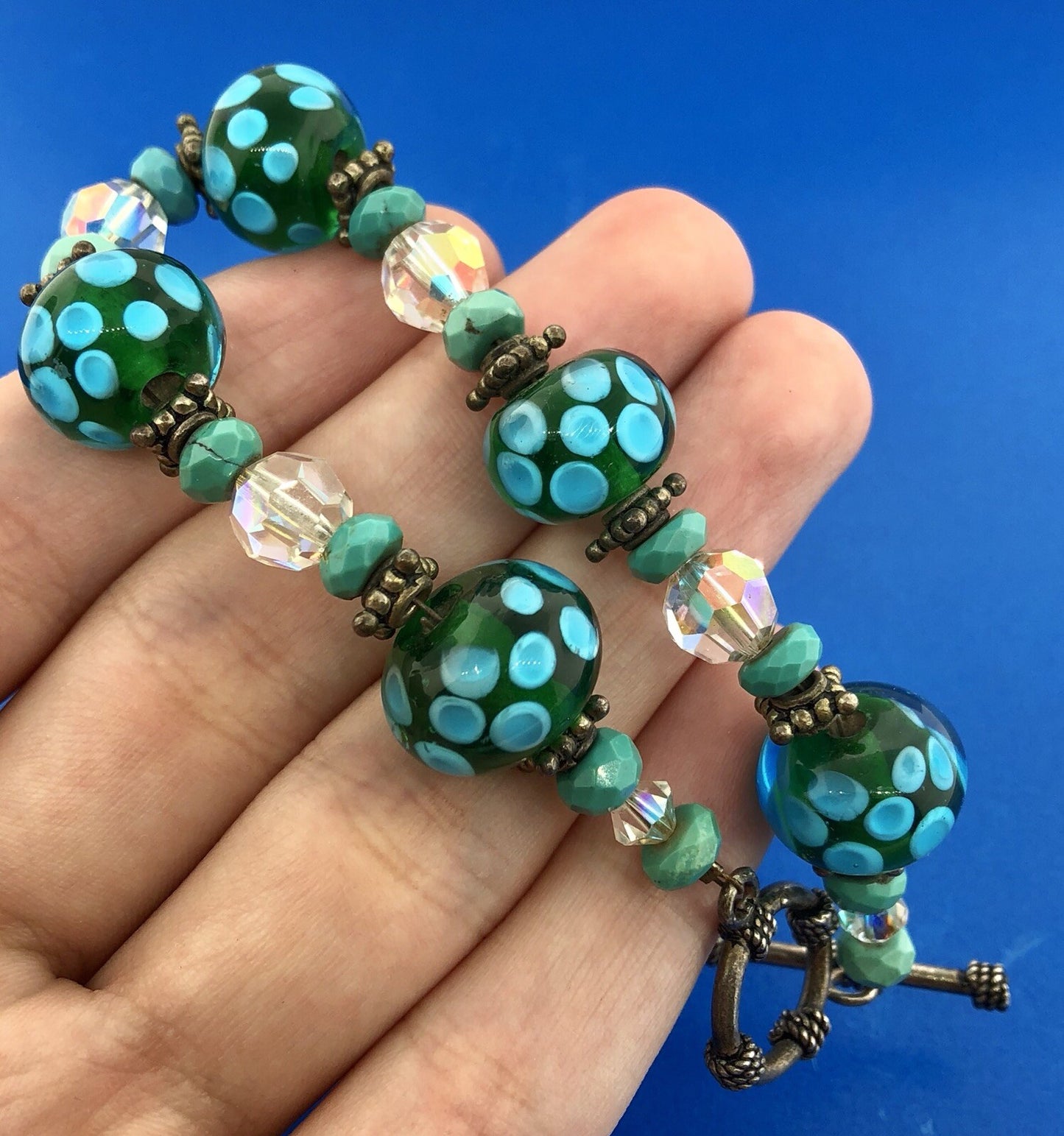 Vintage 925 Sterling Silver Turquoise Art Glass Crystal Bead Toggle Bracelet