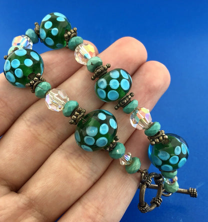 Vintage 925 Sterling Silver Turquoise Art Glass Crystal Bead Toggle Bracelet
