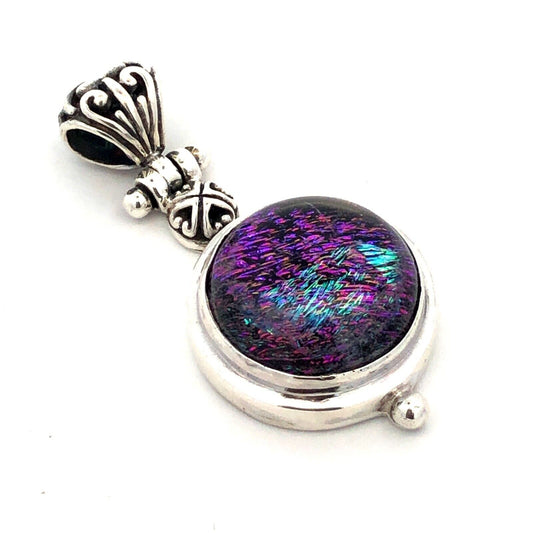 Vintage 925 Sterling Silver Round Purple Green Dichroic Glass Pendant