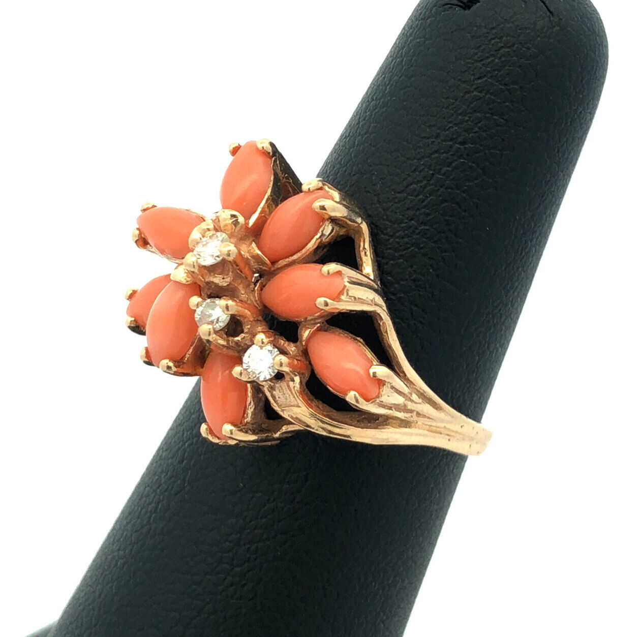 Designer 14K Yellow Gold Pink Coral Diamond Statement Cocktail Ring
