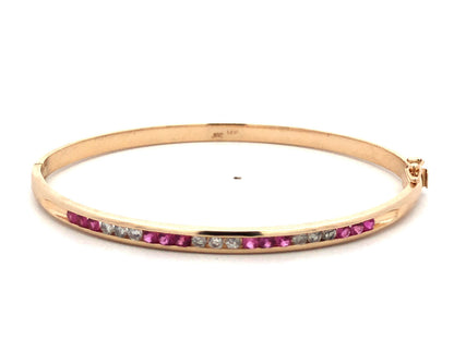 Designer 14K Yellow Gold Channel Set Round Ruby Diamond Hinged Bangle Bracelet