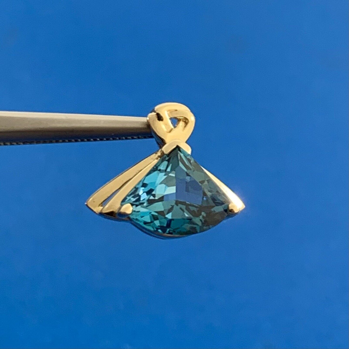 Designer 14K Yellow Gold Trillion Cut London Blue Topaz Statement Drop Pendant