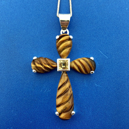 Designer GSJ Sterling Silver 925 Citrine Tigers Eye Cross Statement Necklace