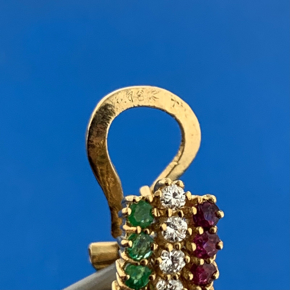 18K Yellow Gold Ruby Emerald Diamond Shrimp Omega Back Earrings