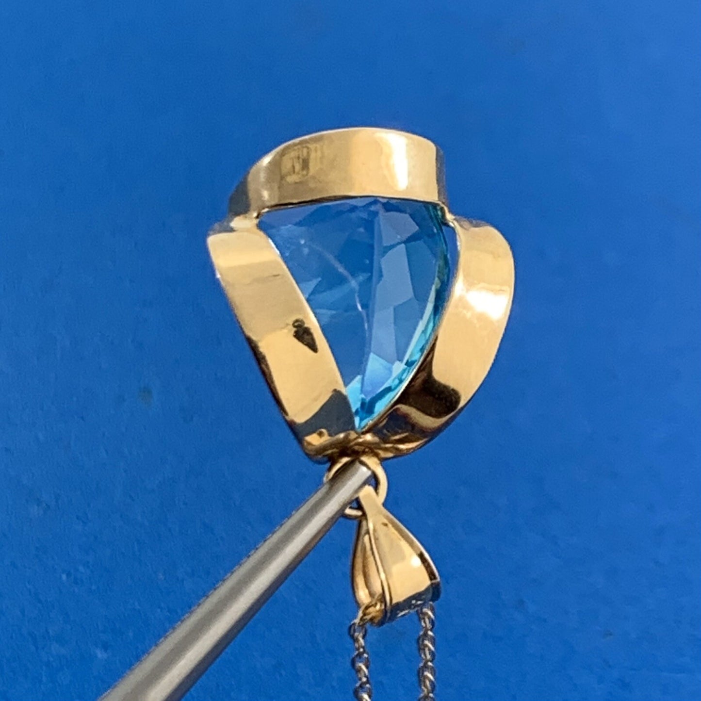 Designer 14K Yellow Gold Pear Blue Topaz Solitaire Statement Pendant Necklace