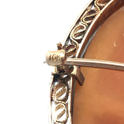 Vintage 10K Yellow Gold Oval Carved Brown Cameo Filigree Brooch Pendant
